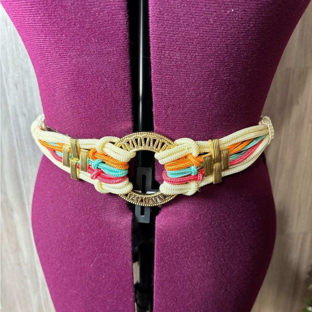 Vibrant Multicolor Vintage 80’s Woven Rope Belt with Gold Details